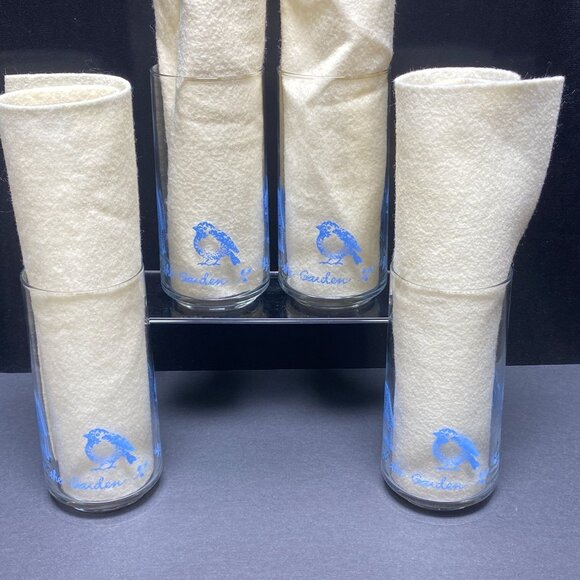 Vintage Libbey Garden Theme Glass Tumblers Set of 4 Flower Pot Bird House - Picture 3 of 9